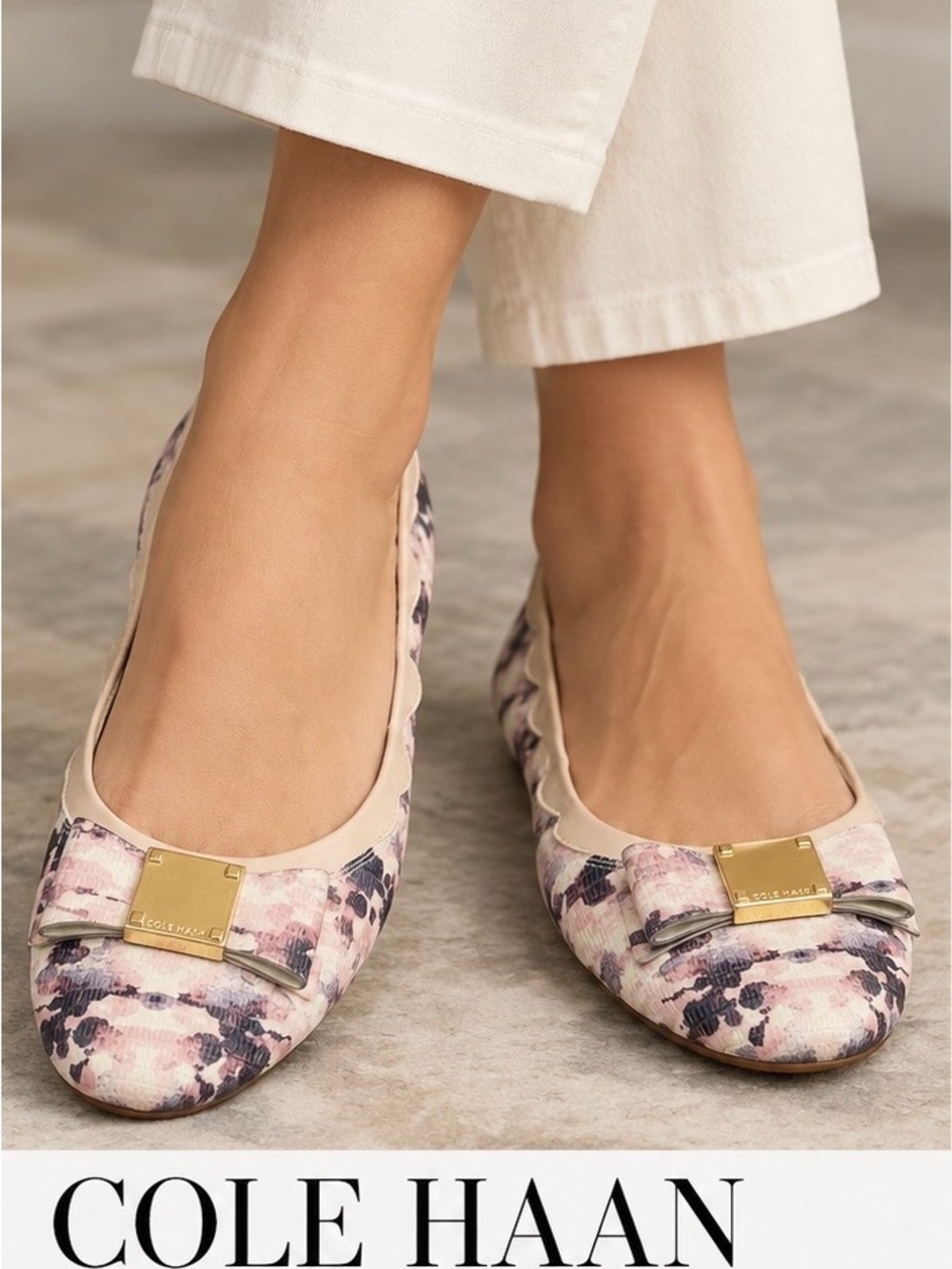 Cole Haan Pink Floral Bow Ballet Flats with Gold Accent